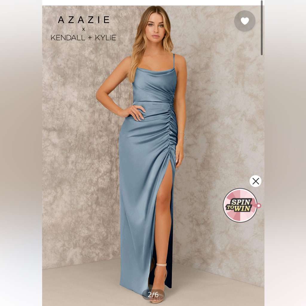 Azazie X Kendall + Kylie Sheath Pleated Stretch Satin Floor-Length Dusty Blue